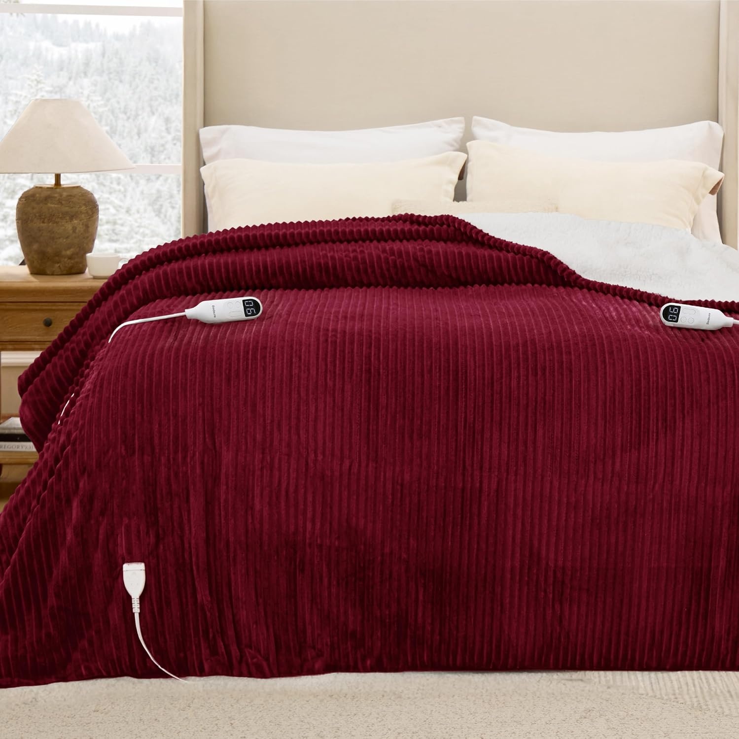 image:imageBedsure Ribbed Electric Blanket Full Navy Heated Blanket Preheat08 Burgundy