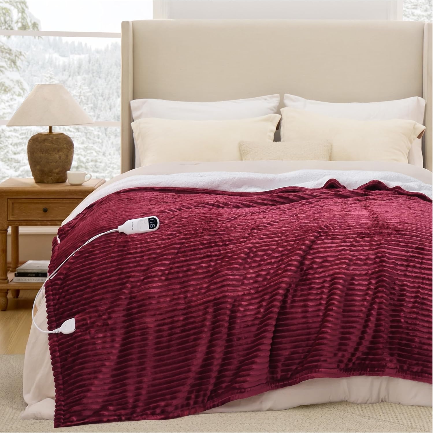 image:imageBedsure Ribbed Electric Blanket Full Navy Heated Blanket Preheat08 Burgundy