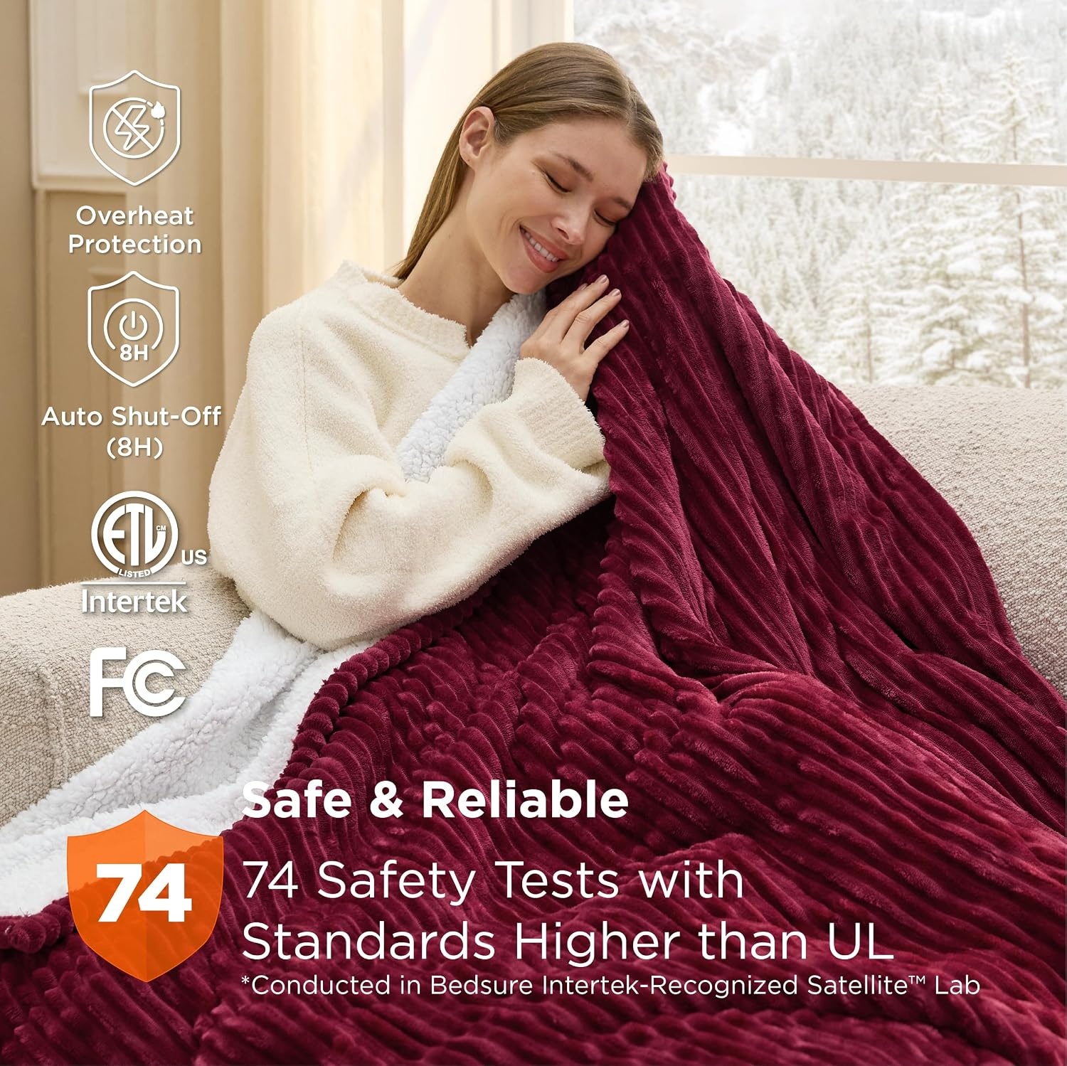 image:imageBedsure Ribbed Electric Blanket Full Navy Heated Blanket Preheat08 Burgundy