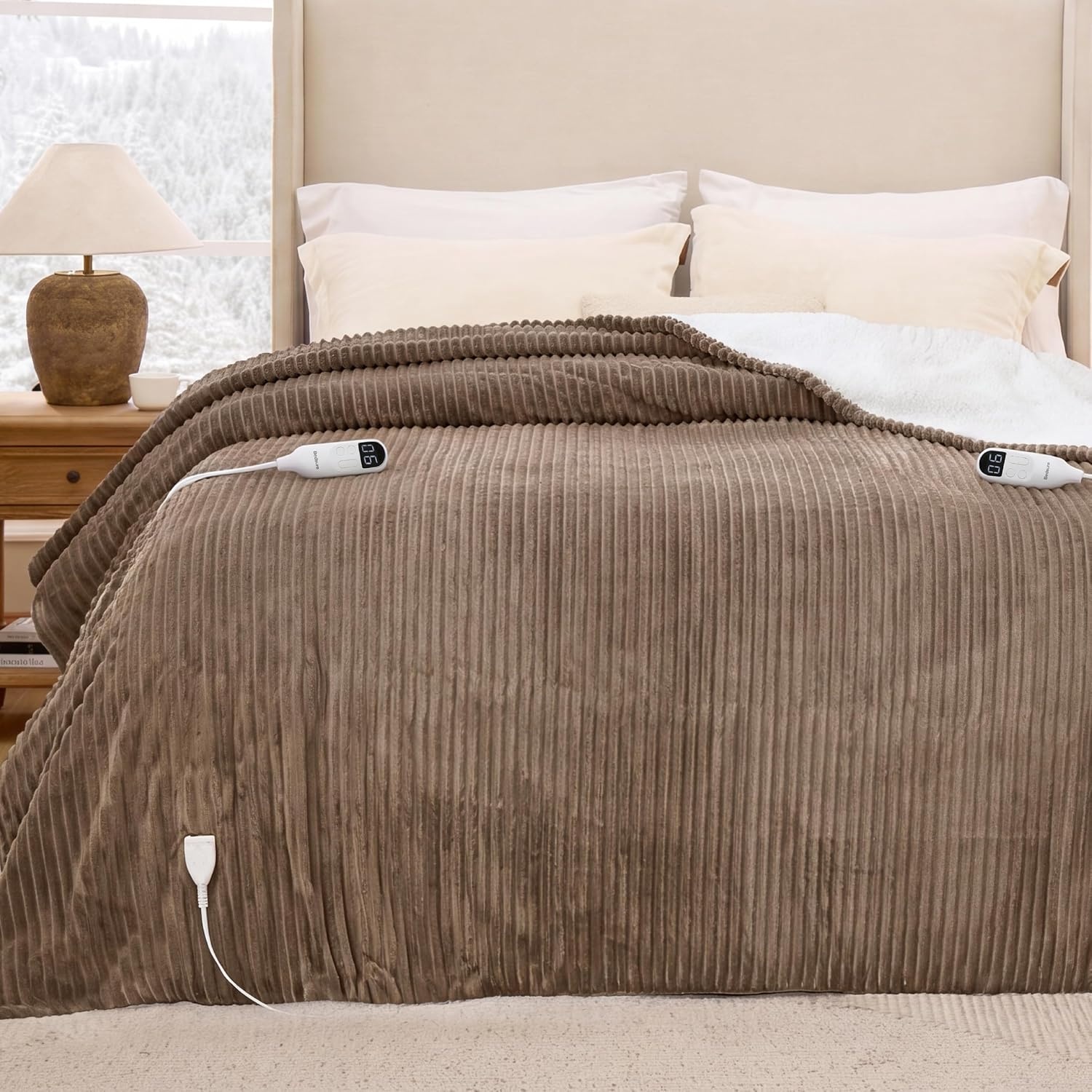 image:imageBedsure Ribbed Electric Blanket Full Navy Heated Blanket Preheat09 Brown