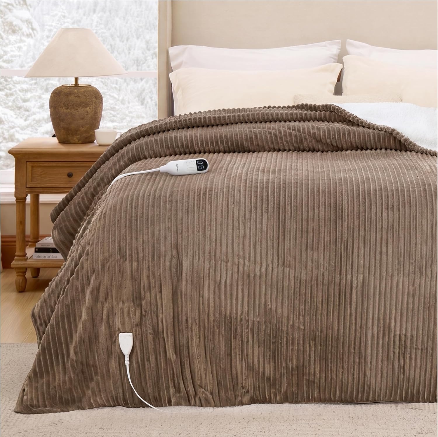 image:imageBedsure Ribbed Electric Blanket Full Navy Heated Blanket Preheat09 Brown