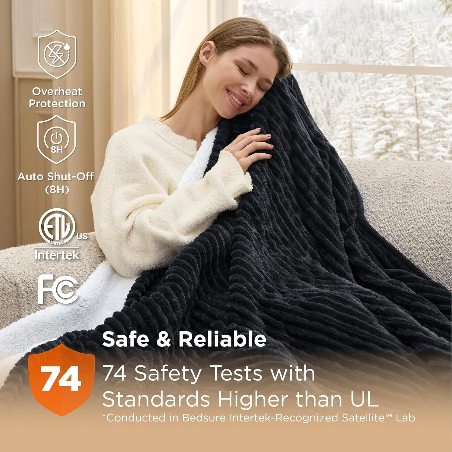 image:imageBedsure Ribbed Electric Blanket Full Navy Heated Blanket Preheat10 Black