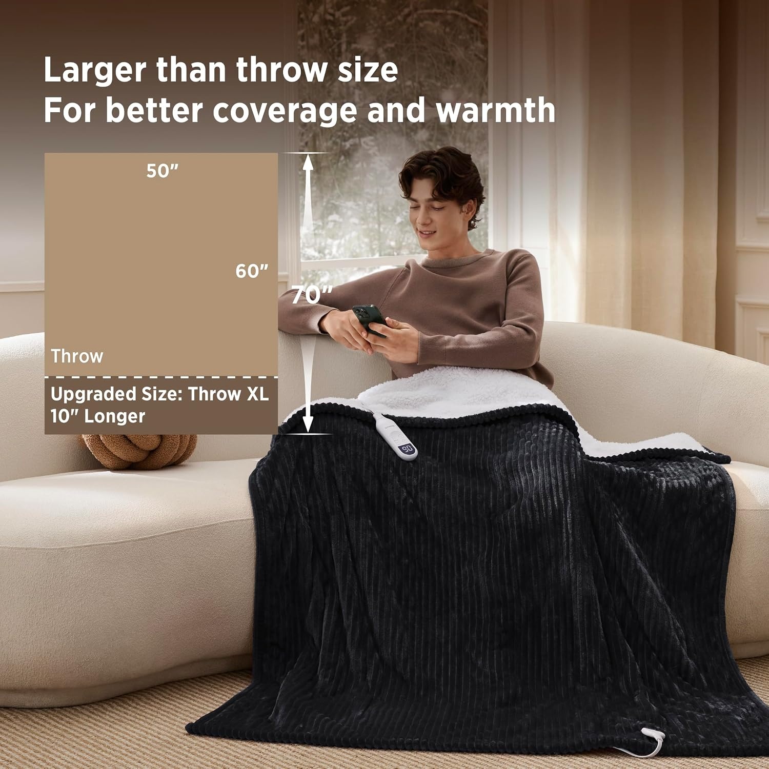 image:imageBedsure Ribbed Electric Blanket Full Navy Heated Blanket Preheat10 Black