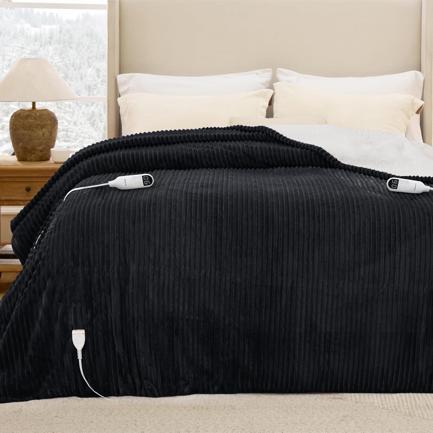image:imageBedsure Ribbed Electric Blanket Full Navy Heated Blanket Preheat10 Black