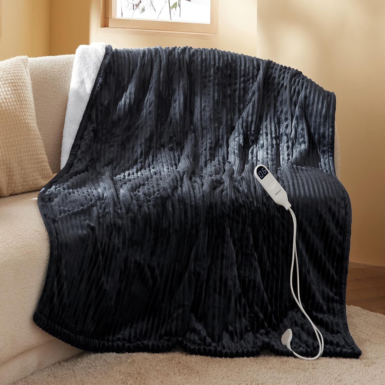 image:imageBedsure Ribbed Electric Blanket Full Navy Heated Blanket Preheat10 Black