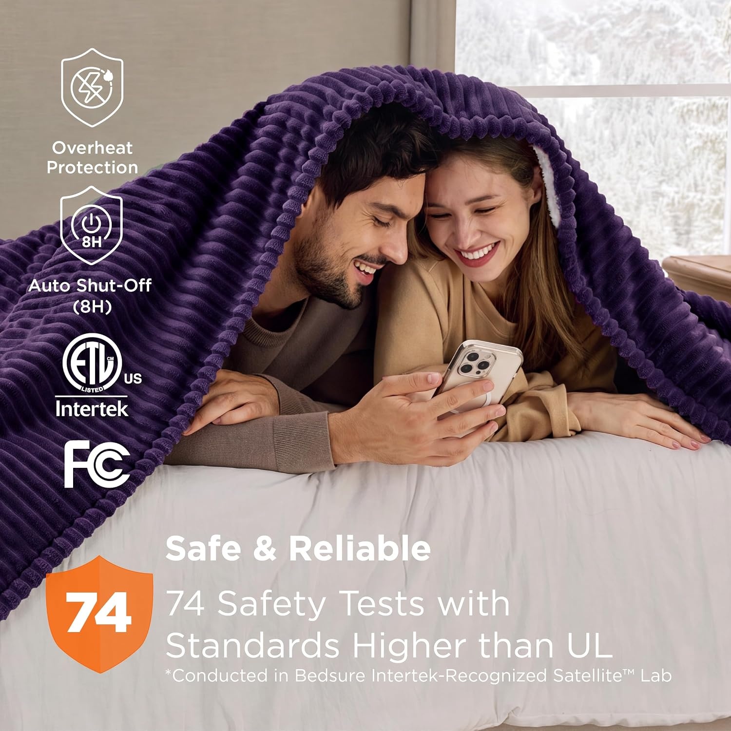 image:imageBedsure Ribbed Electric Blanket Full Navy Heated Blanket Preheat11 Purple