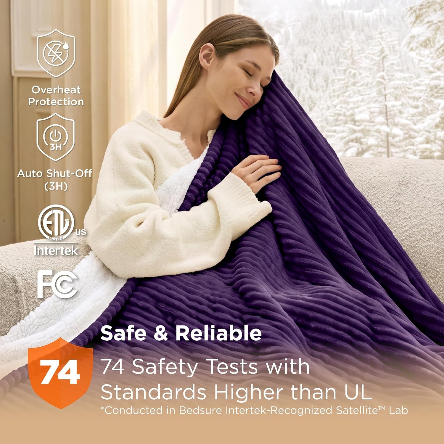 image:imageBedsure Ribbed Electric Blanket Full Navy Heated Blanket Preheat11 Purple