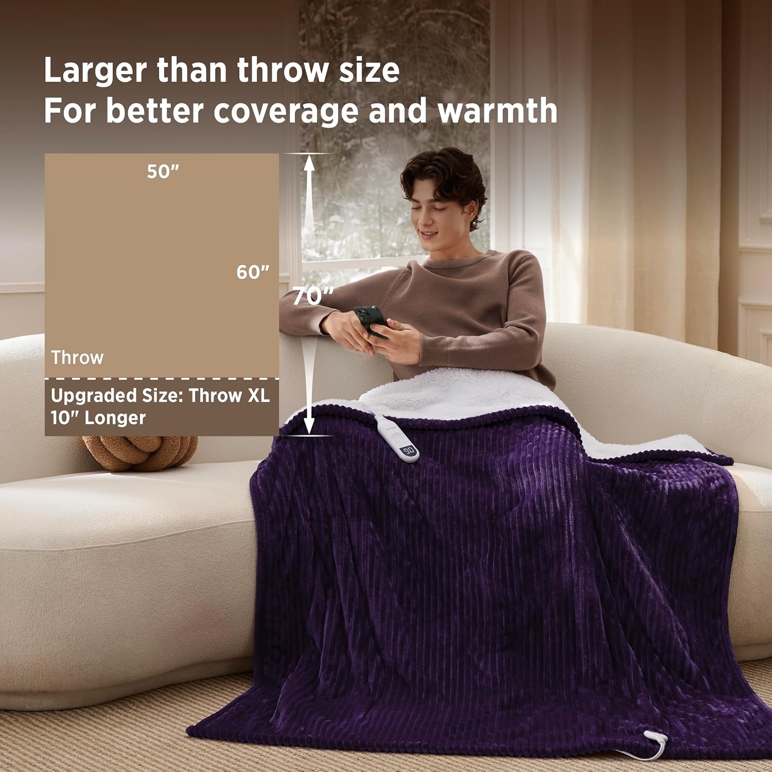 image:imageBedsure Ribbed Electric Blanket Full Navy Heated Blanket Preheat11 Purple