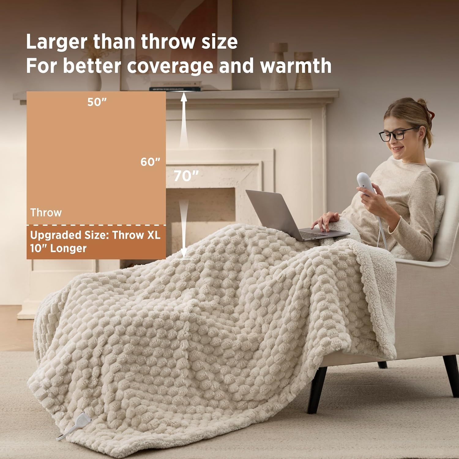 image:imageBedsure Ribbed Electric Blanket Full Navy Heated Blanket Preheat12 Light Brown