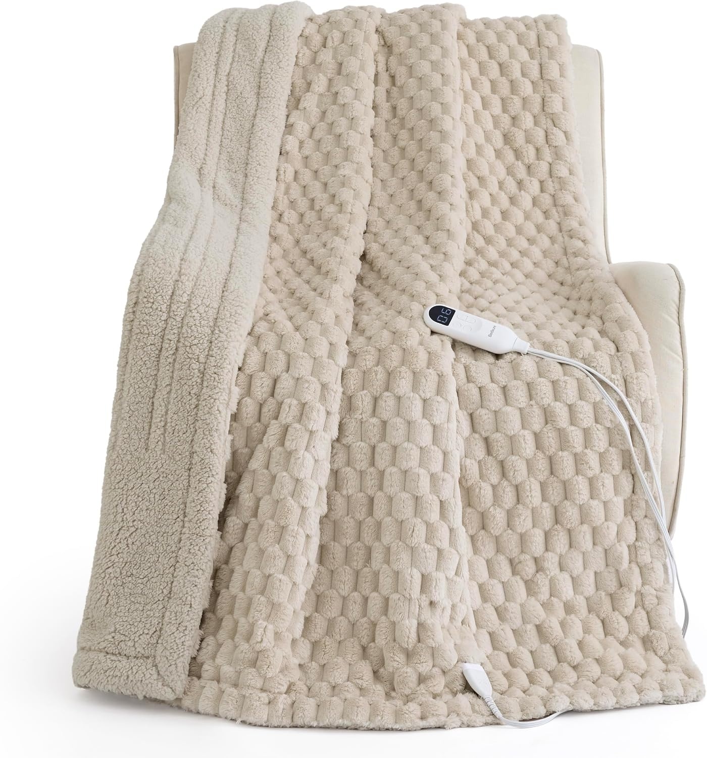 image:imageBedsure Ribbed Electric Blanket Full Navy Heated Blanket Preheat12 Light Brown