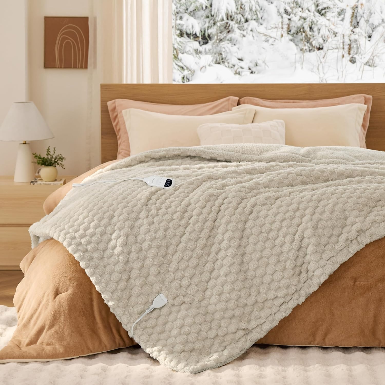 image:imageBedsure Ribbed Electric Blanket Full Navy Heated Blanket Preheat12 Light Brown