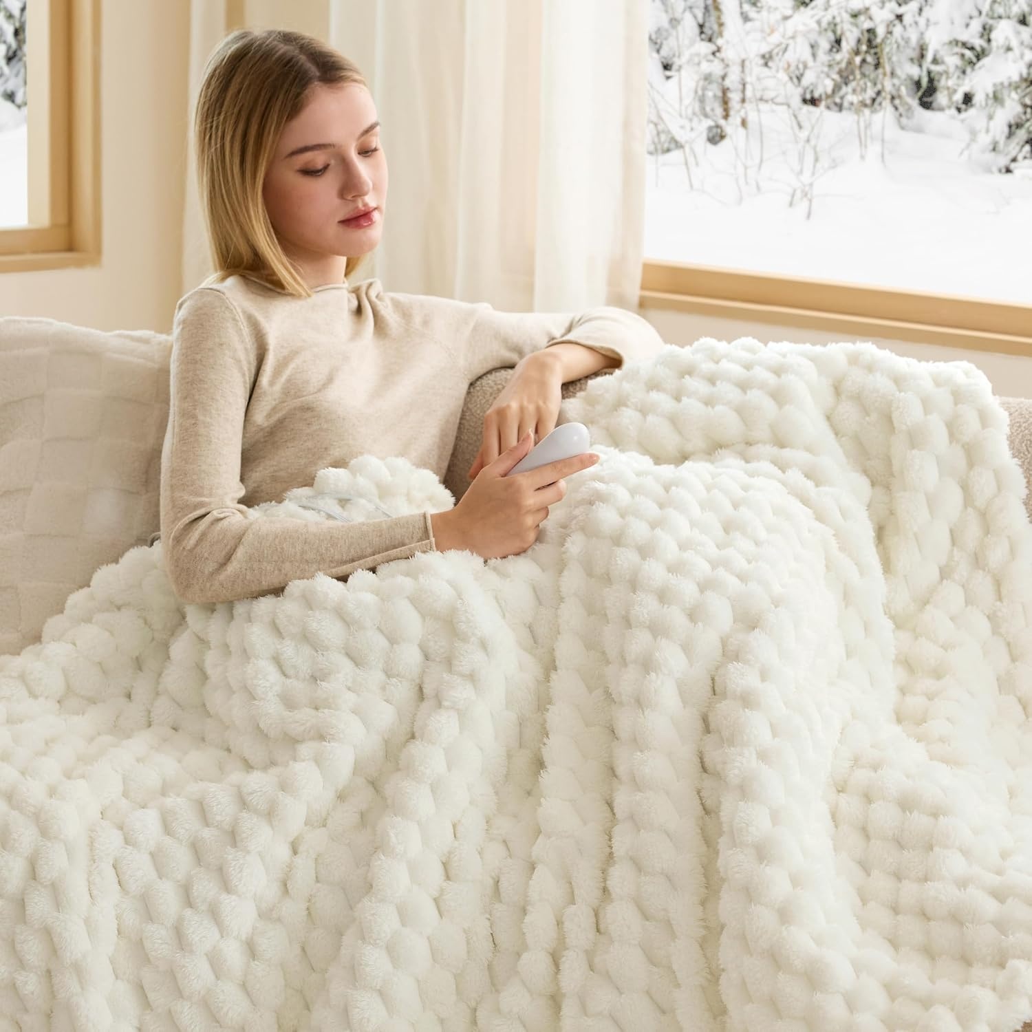 image:imageBedsure Ribbed Electric Blanket Full Navy Heated Blanket Preheat13 Coconut White