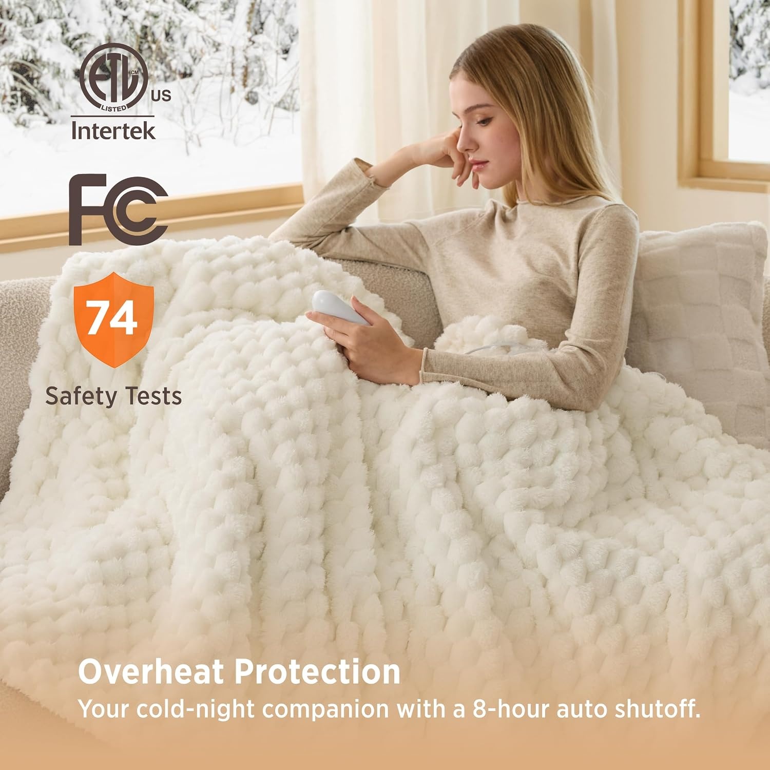 image:imageBedsure Ribbed Electric Blanket Full Navy Heated Blanket Preheat13 Coconut White