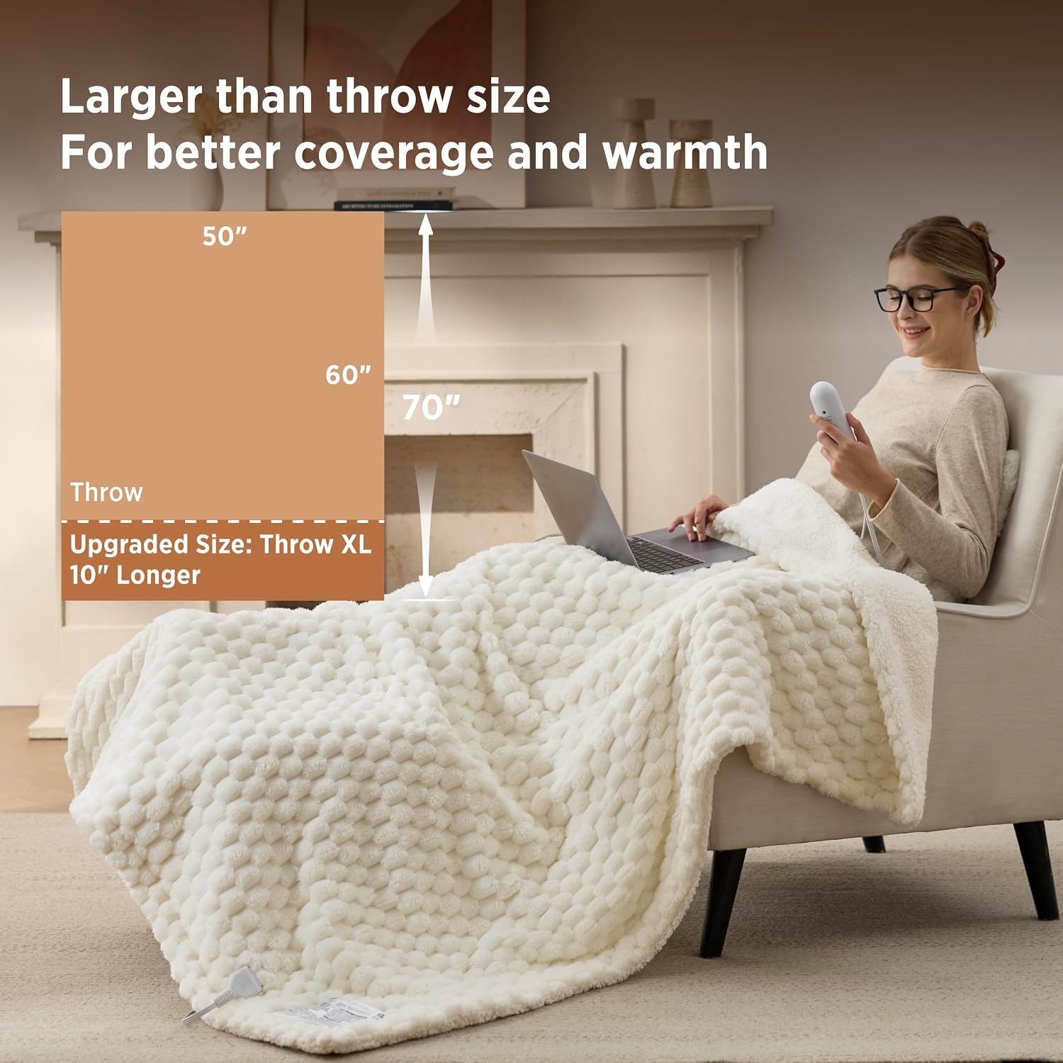 image:imageBedsure Ribbed Electric Blanket Full Navy Heated Blanket Preheat13 Coconut White