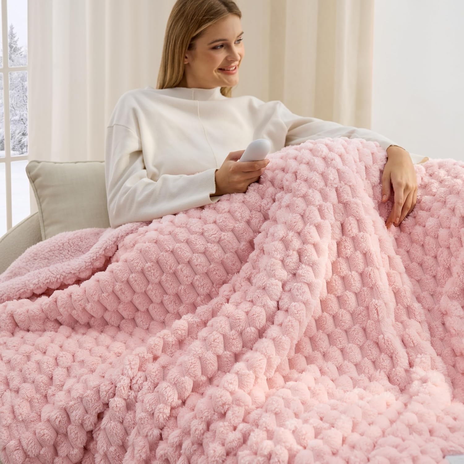 image:imageBedsure Ribbed Electric Blanket Full Navy Heated Blanket Preheat14 Pink