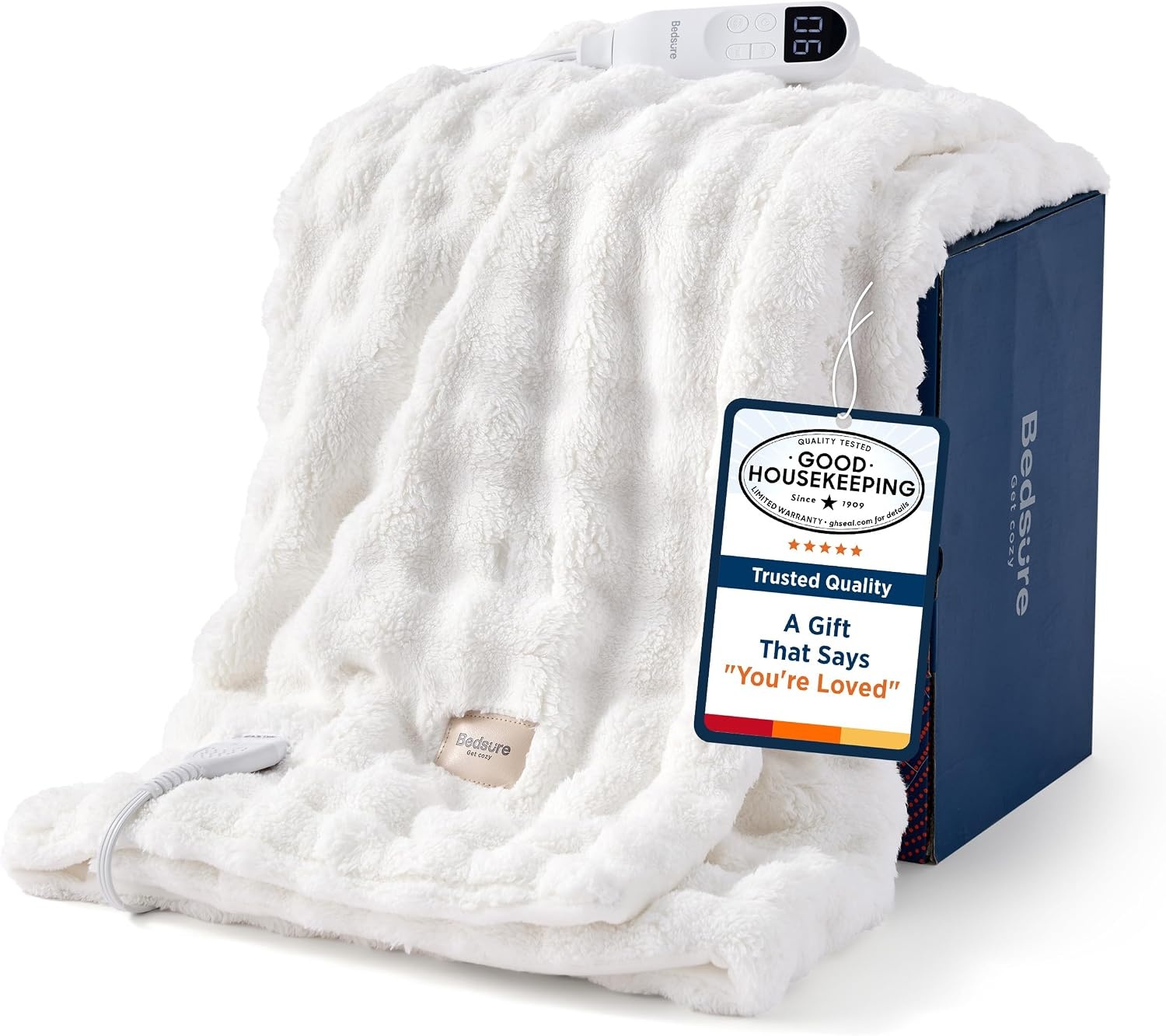 image:imageBedsure Ribbed Electric Blanket Full Navy Heated Blanket Preheat15 White