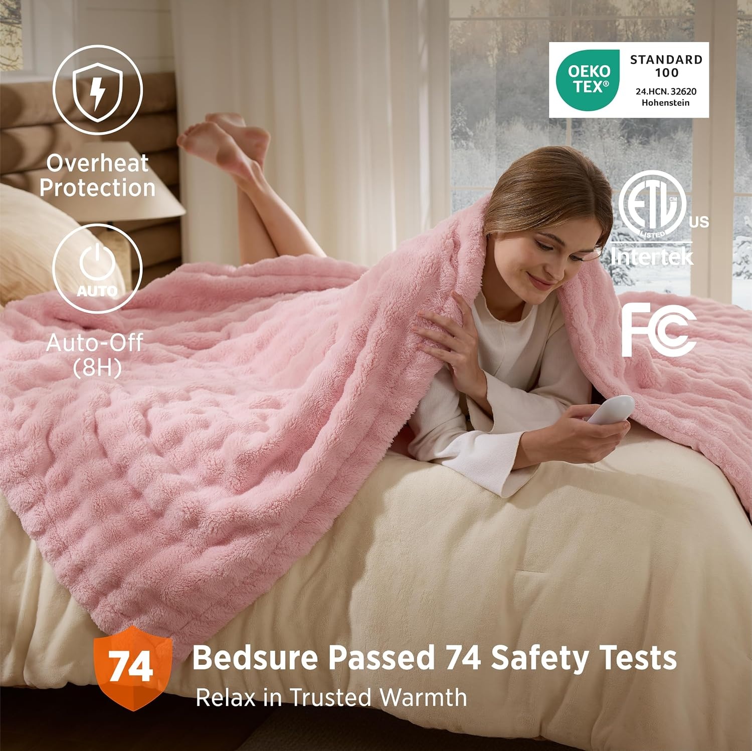 image:imageBedsure Ribbed Electric Blanket Full Navy Heated Blanket Preheat16 Pink