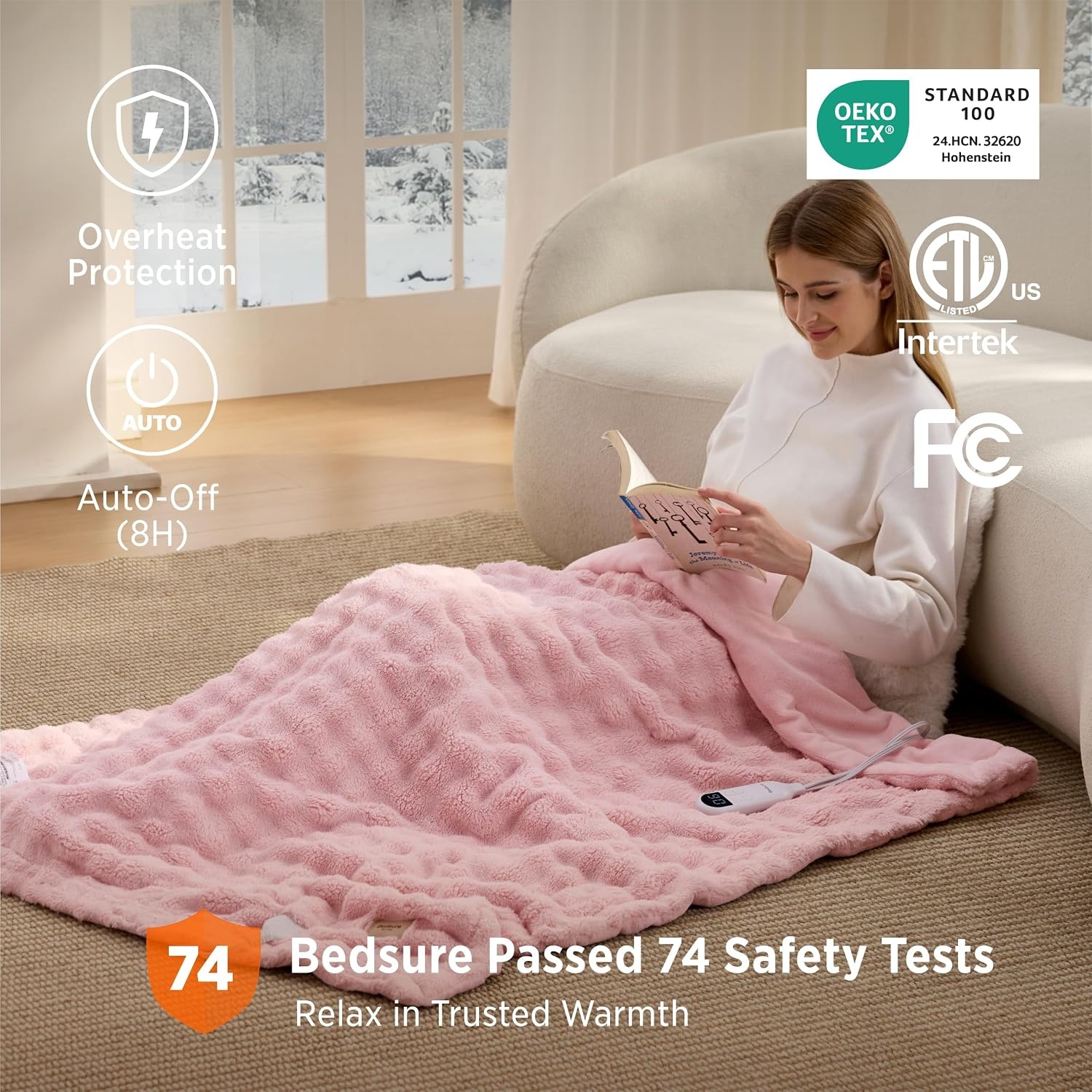 image:imageBedsure Ribbed Electric Blanket Full Navy Heated Blanket Preheat16 Pink
