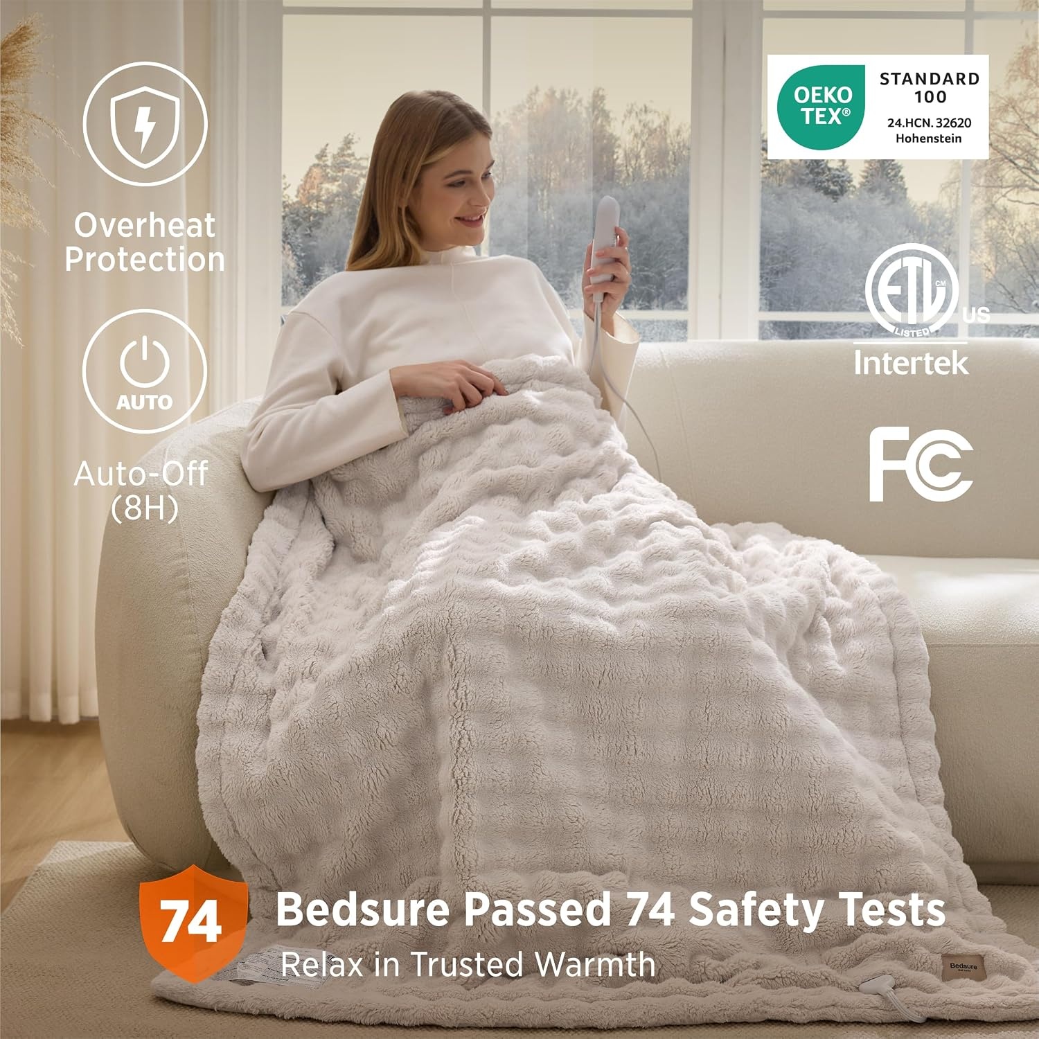 image:imageBedsure Ribbed Electric Blanket Full Navy Heated Blanket Preheat17 Beige