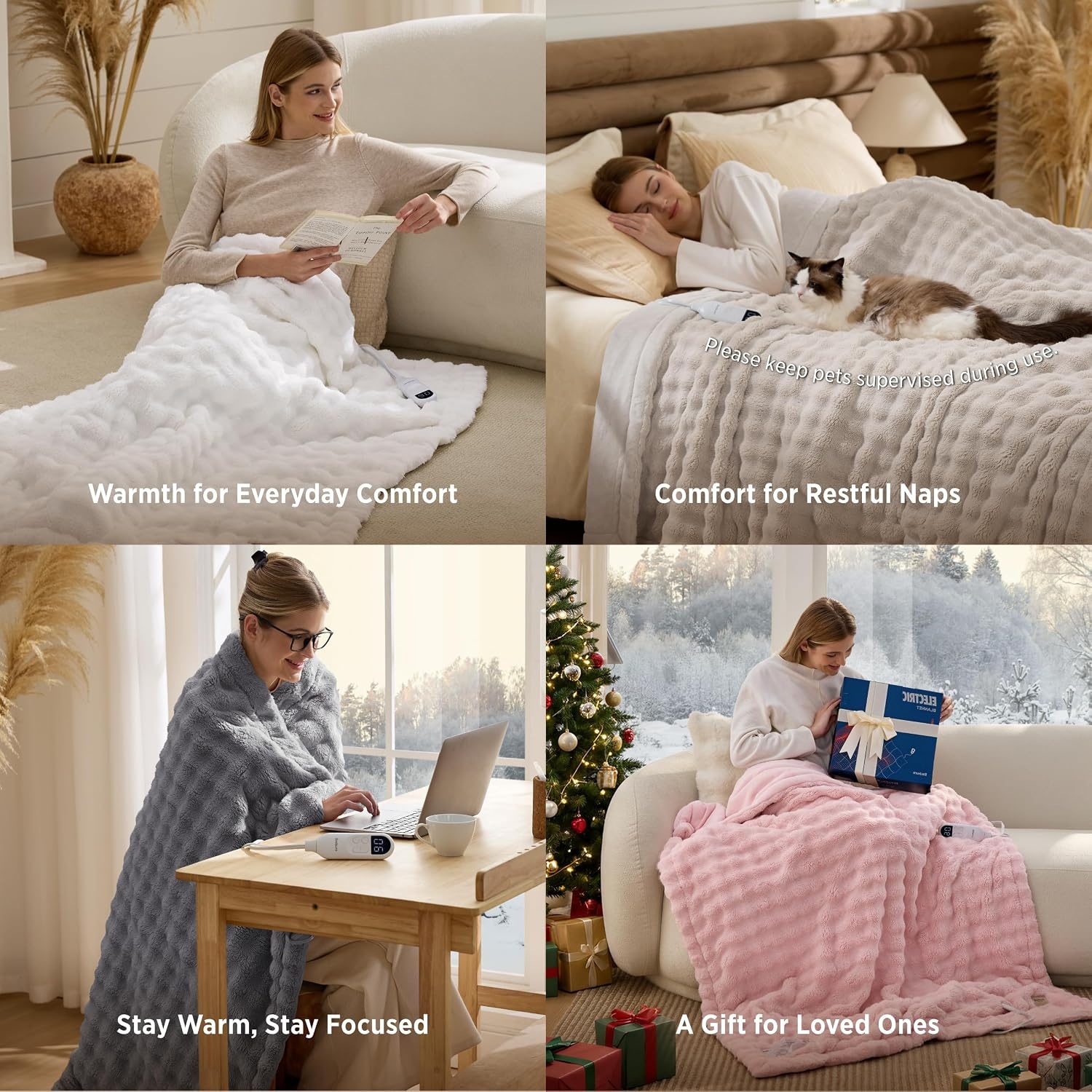 image:imageBedsure Ribbed Electric Blanket Full Navy Heated Blanket Preheat17 Beige