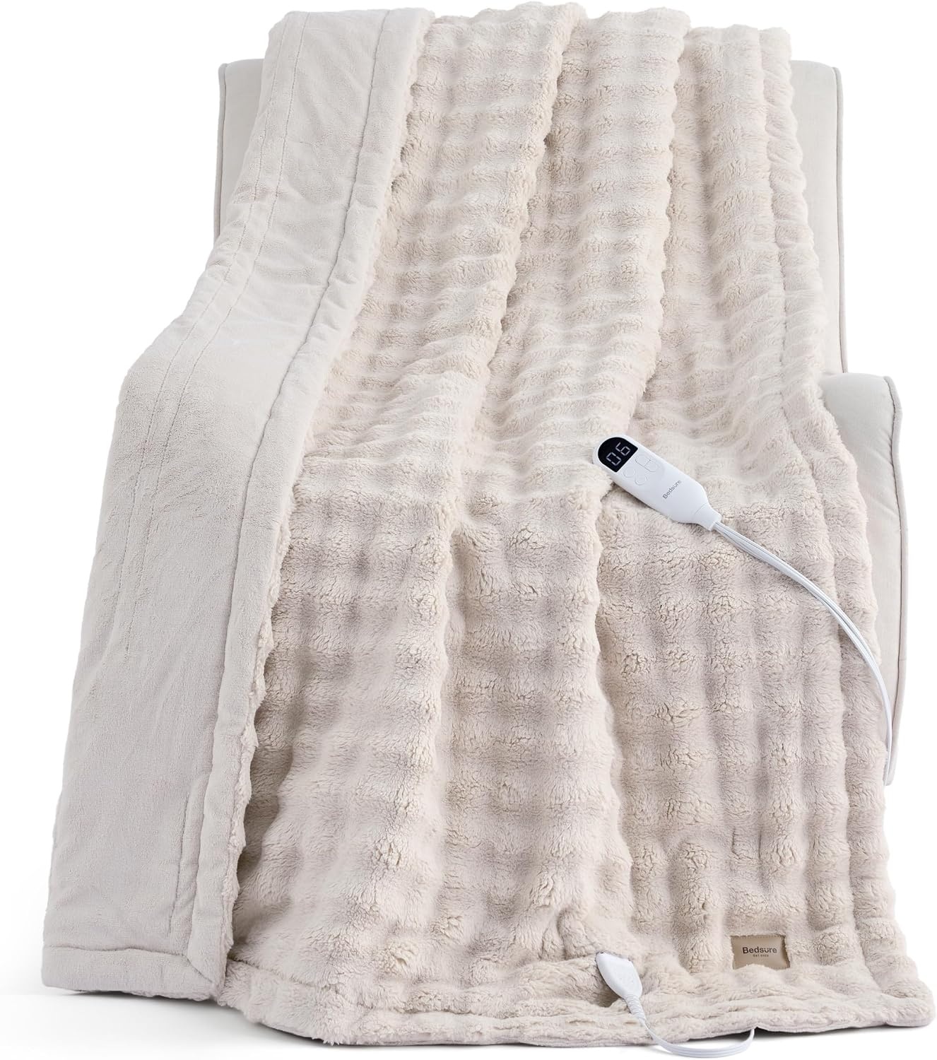 image:imageBedsure Ribbed Electric Blanket Full Navy Heated Blanket Preheat17 Beige