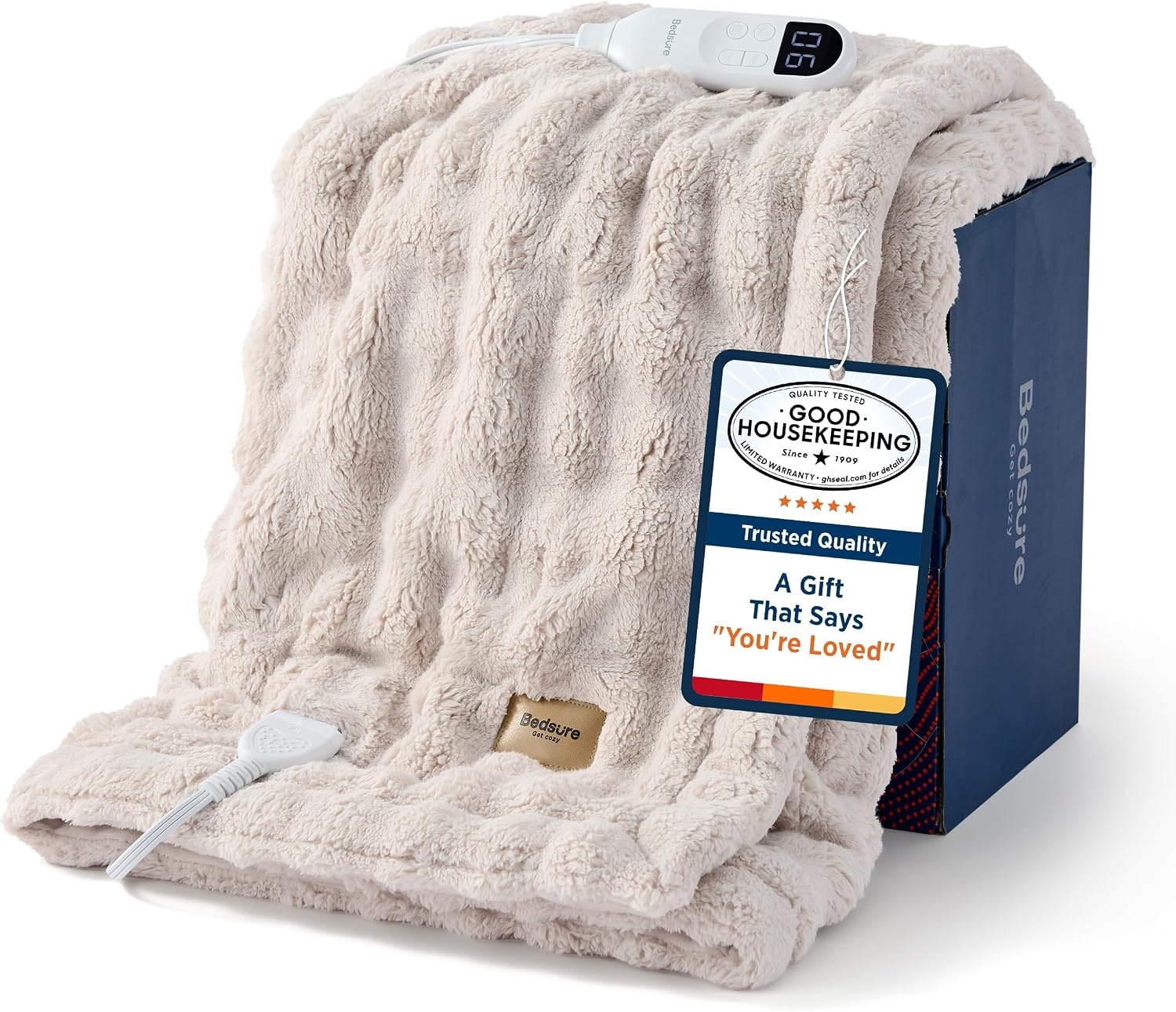 image:imageBedsure Ribbed Electric Blanket Full Navy Heated Blanket Preheat17 Beige