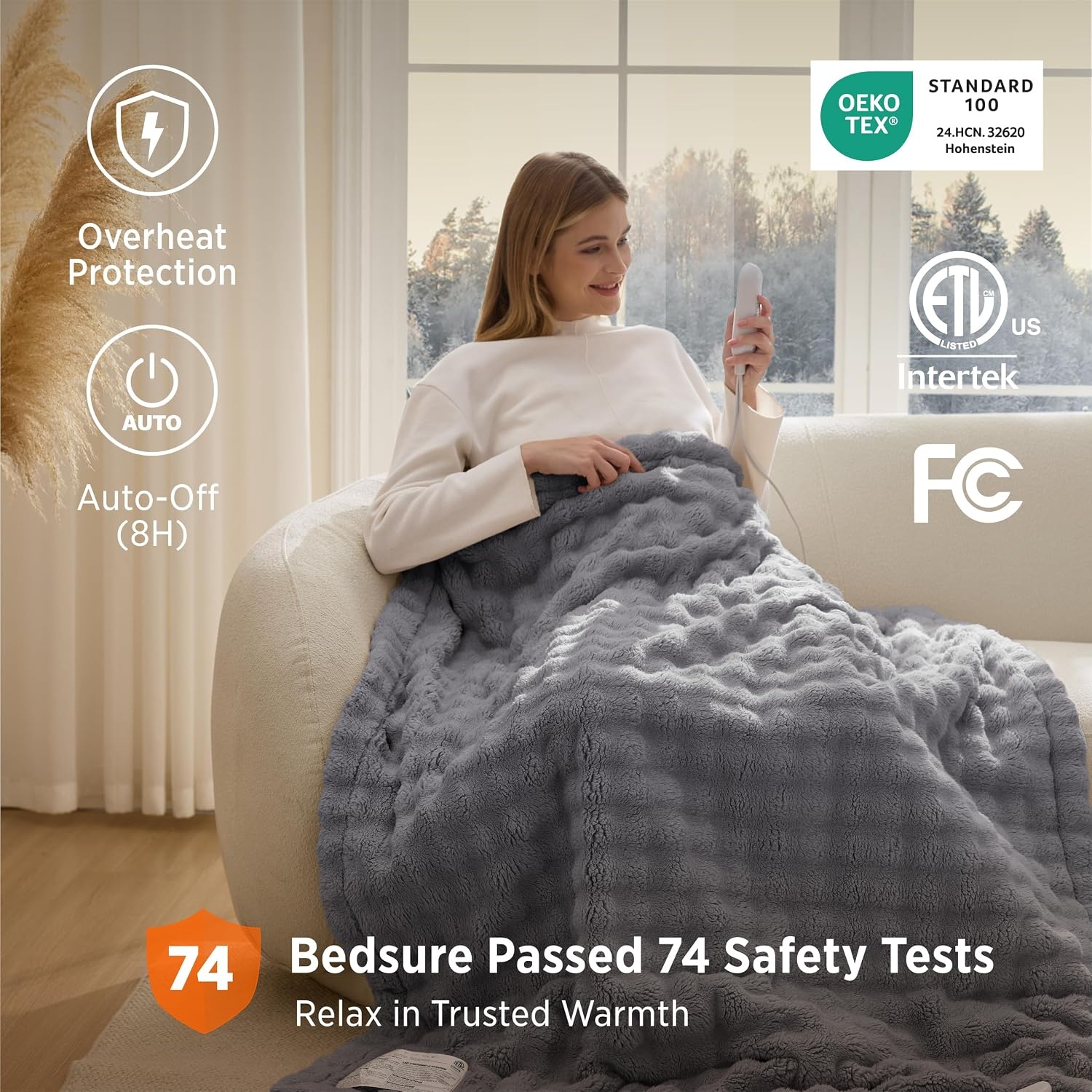 image:imageBedsure Ribbed Electric Blanket Full Navy Heated Blanket Preheat18 Grey
