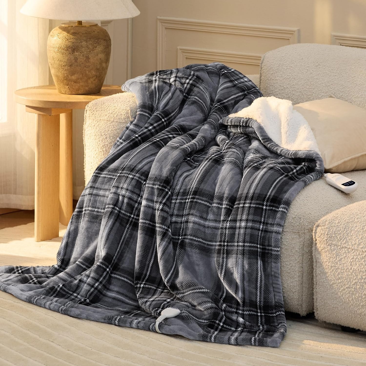 image:imageBedsure Ribbed Electric Blanket Full Navy Heated Blanket Preheat19 Grey Plaid