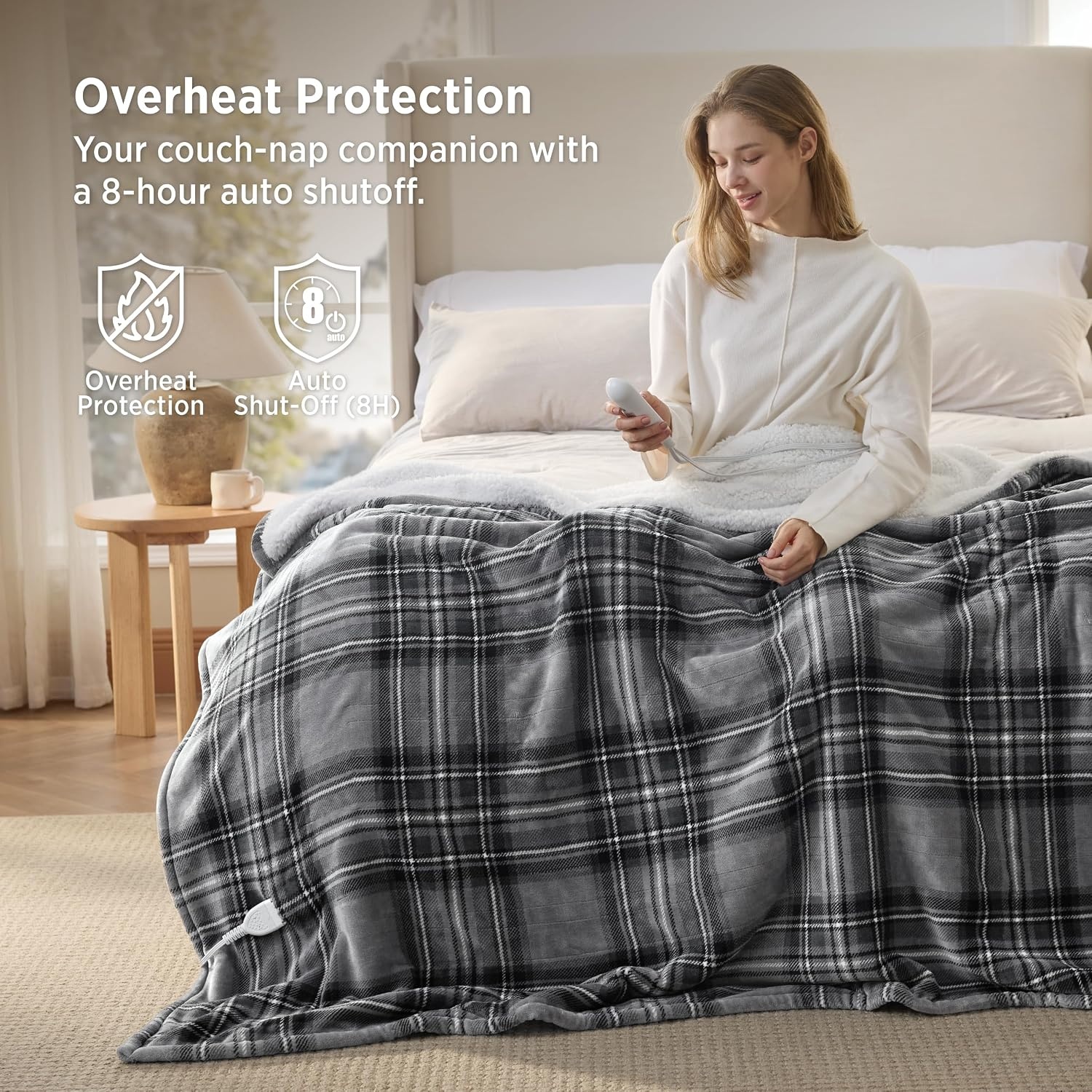 image:imageBedsure Ribbed Electric Blanket Full Navy Heated Blanket Preheat19 Grey Plaid