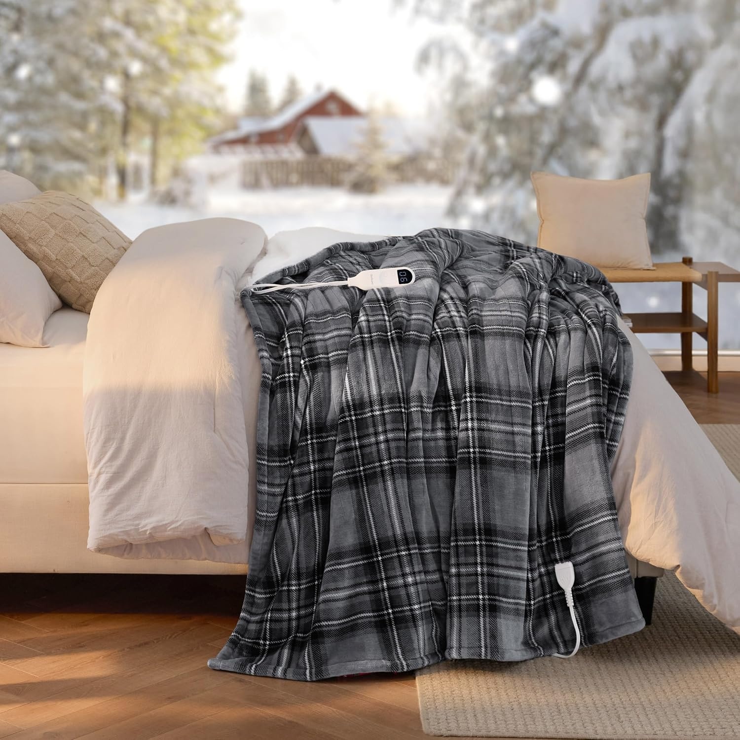 image:imageBedsure Ribbed Electric Blanket Full Navy Heated Blanket Preheat19 Grey Plaid