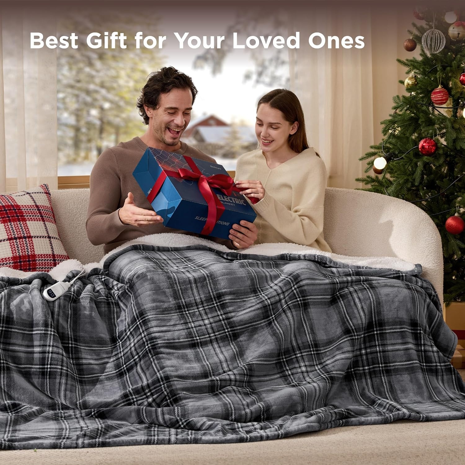 image:imageBedsure Ribbed Electric Blanket Full Navy Heated Blanket Preheat19 Grey Plaid