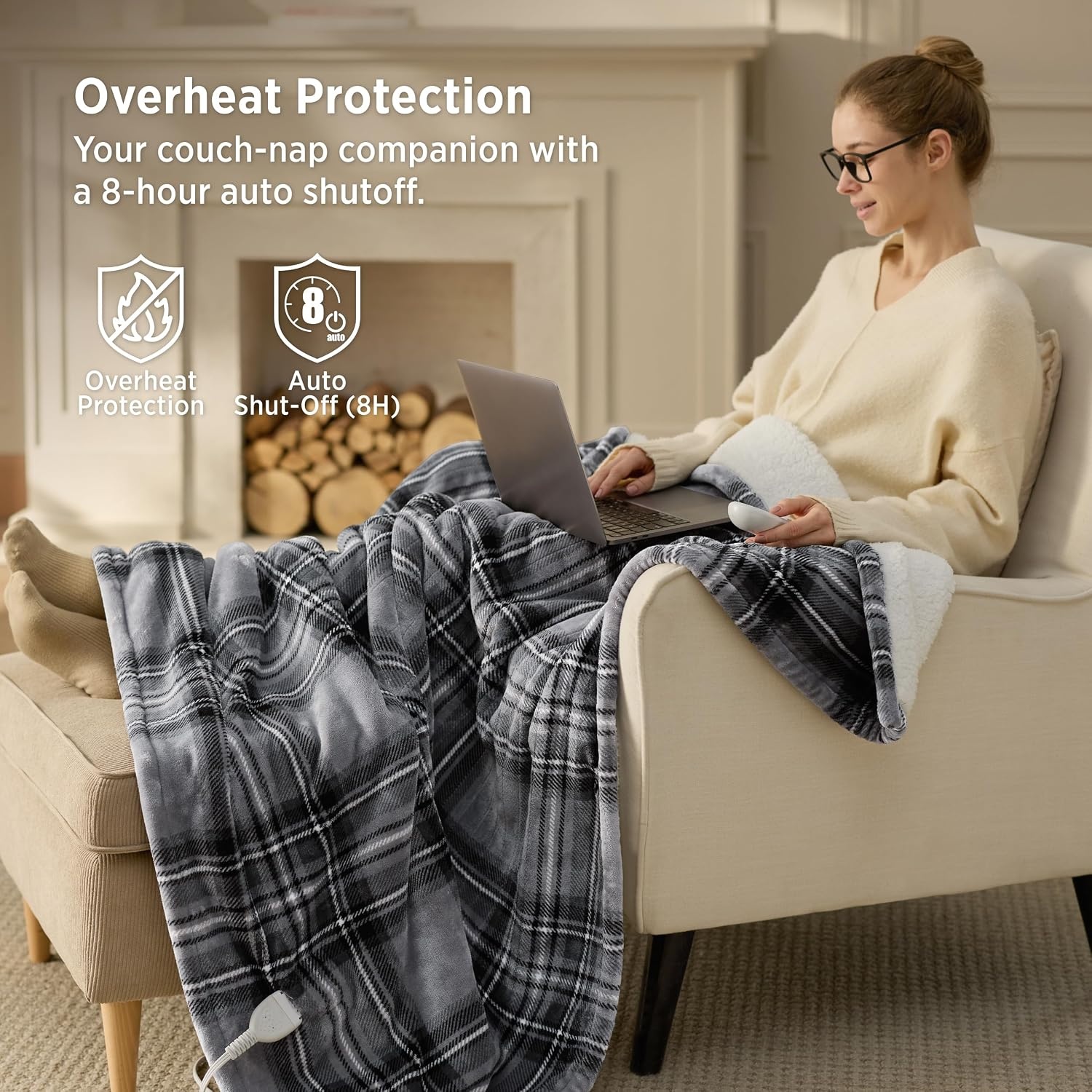 image:imageBedsure Ribbed Electric Blanket Full Navy Heated Blanket Preheat19 Grey Plaid