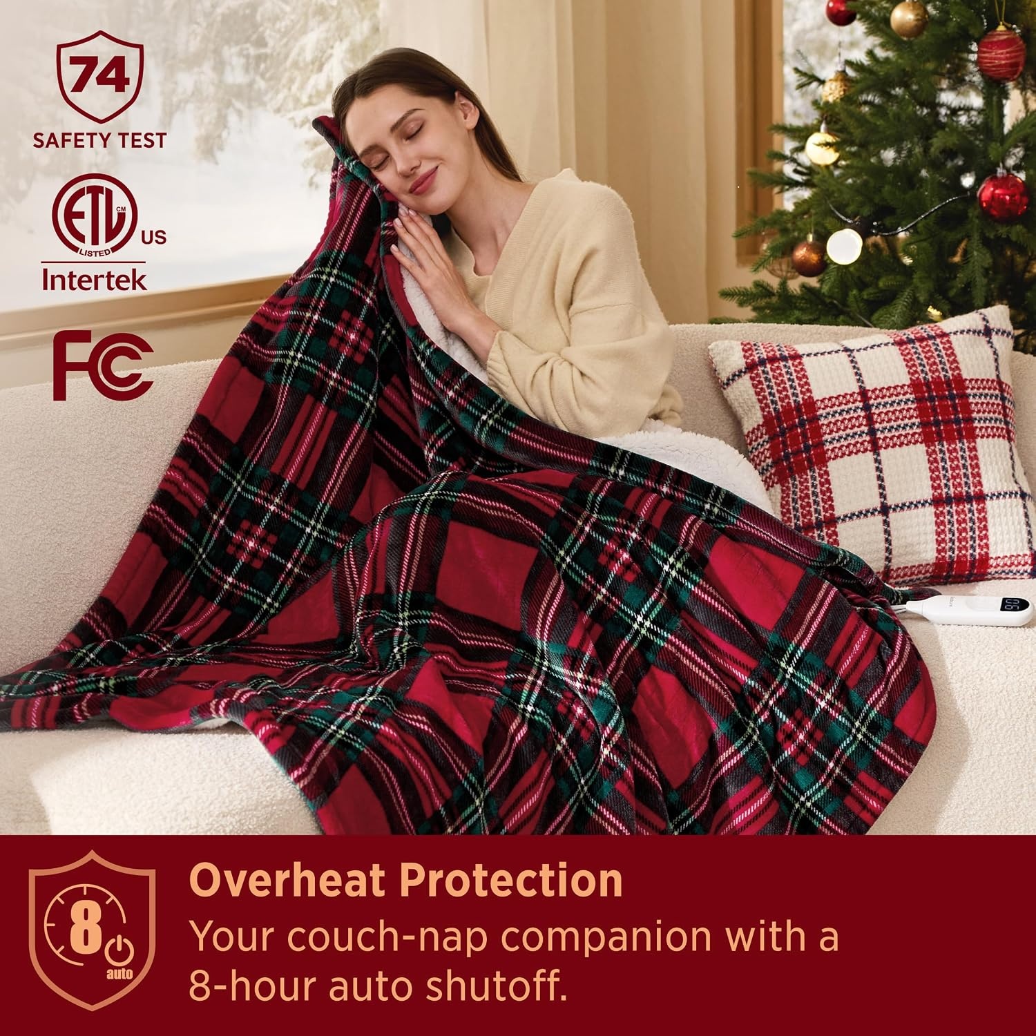 image:imageBedsure Ribbed Electric Blanket Full Navy Heated Blanket Preheat20 Red Plaid