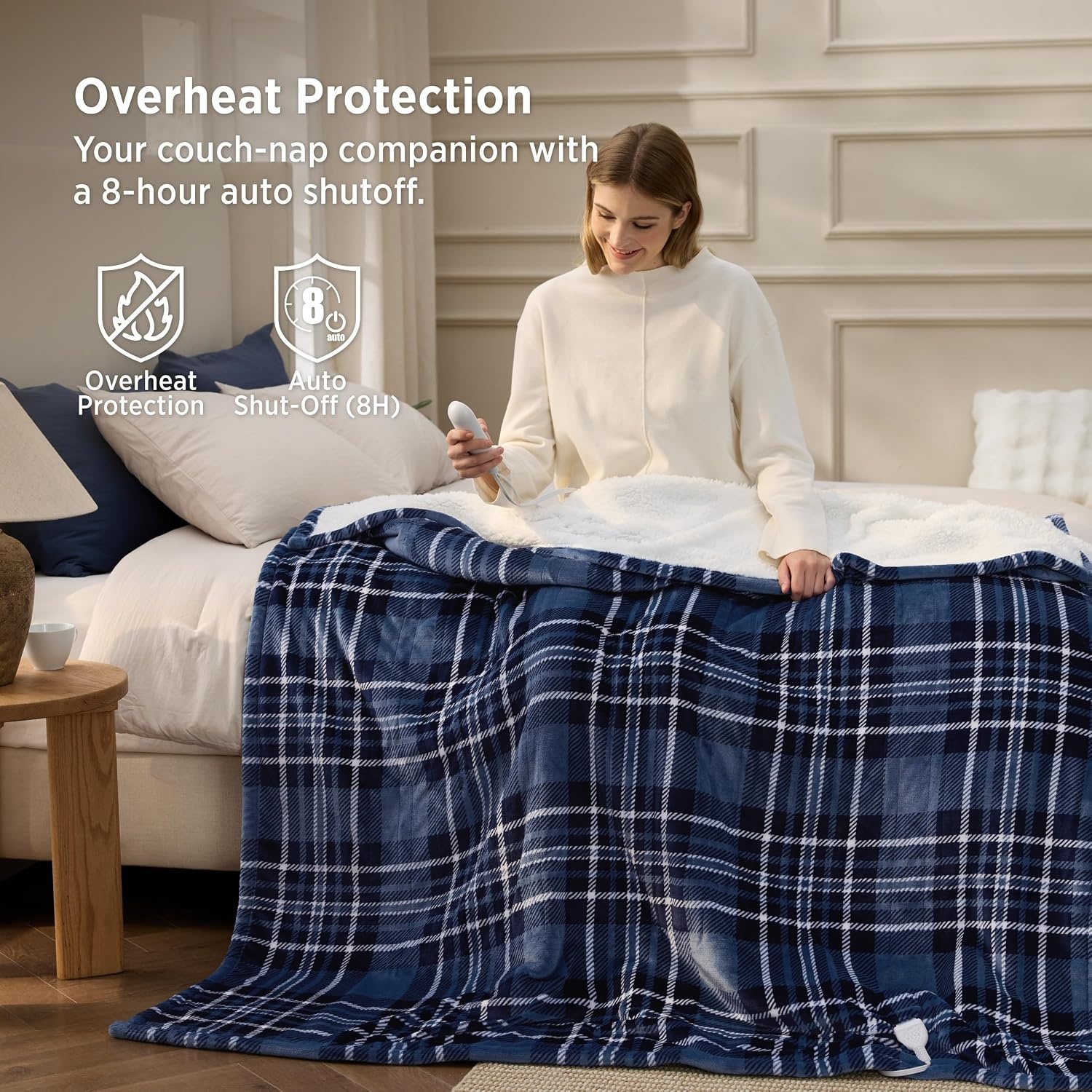 image:imageBedsure Ribbed Electric Blanket Full Navy Heated Blanket Preheat22 Blue Plaid