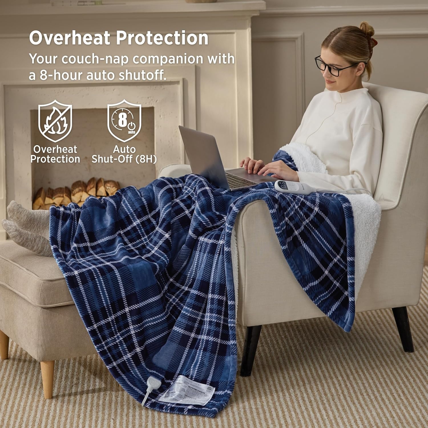 image:imageBedsure Ribbed Electric Blanket Full Navy Heated Blanket Preheat22 Blue Plaid