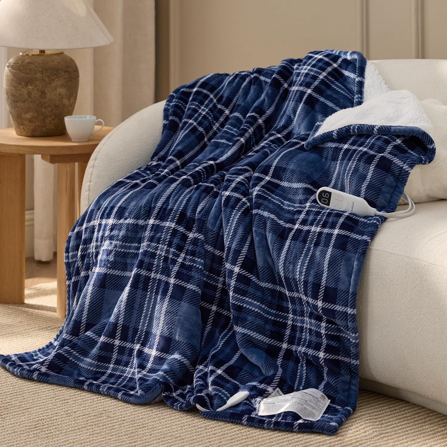 image:imageBedsure Ribbed Electric Blanket Full Navy Heated Blanket Preheat22 Blue Plaid