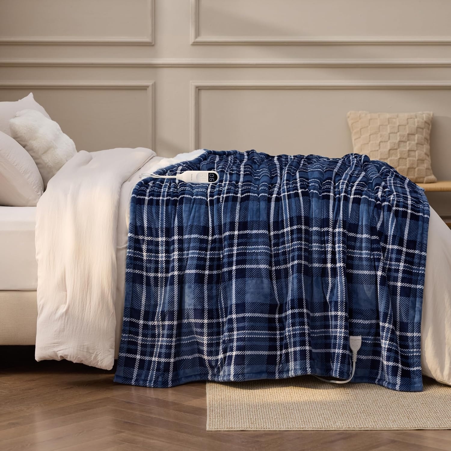 image:imageBedsure Ribbed Electric Blanket Full Navy Heated Blanket Preheat22 Blue Plaid