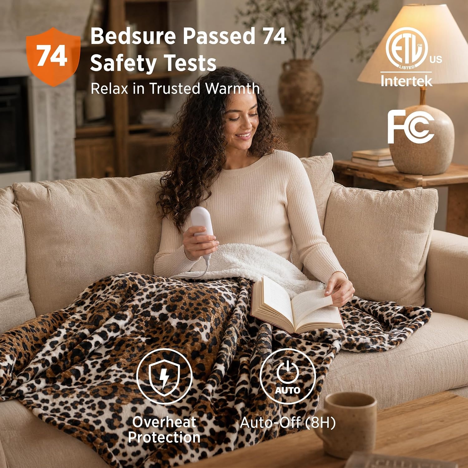 image:imageBedsure Ribbed Electric Blanket Full Navy Heated Blanket Preheat24 Leopard Print