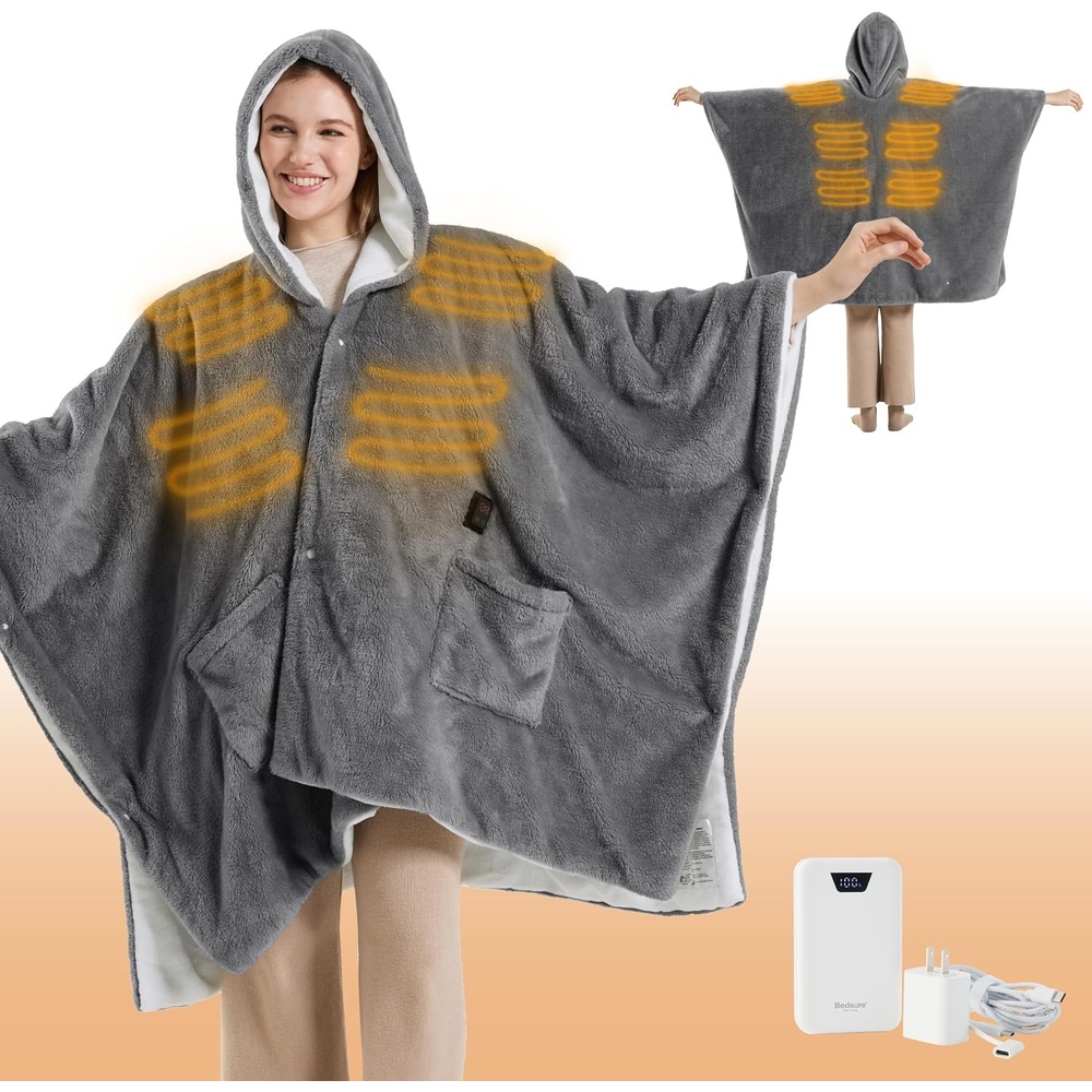 image:imageBedsure Cordless Wearable Heated Blanket Hoodie Blue Portable Heated Shawl01 Grey