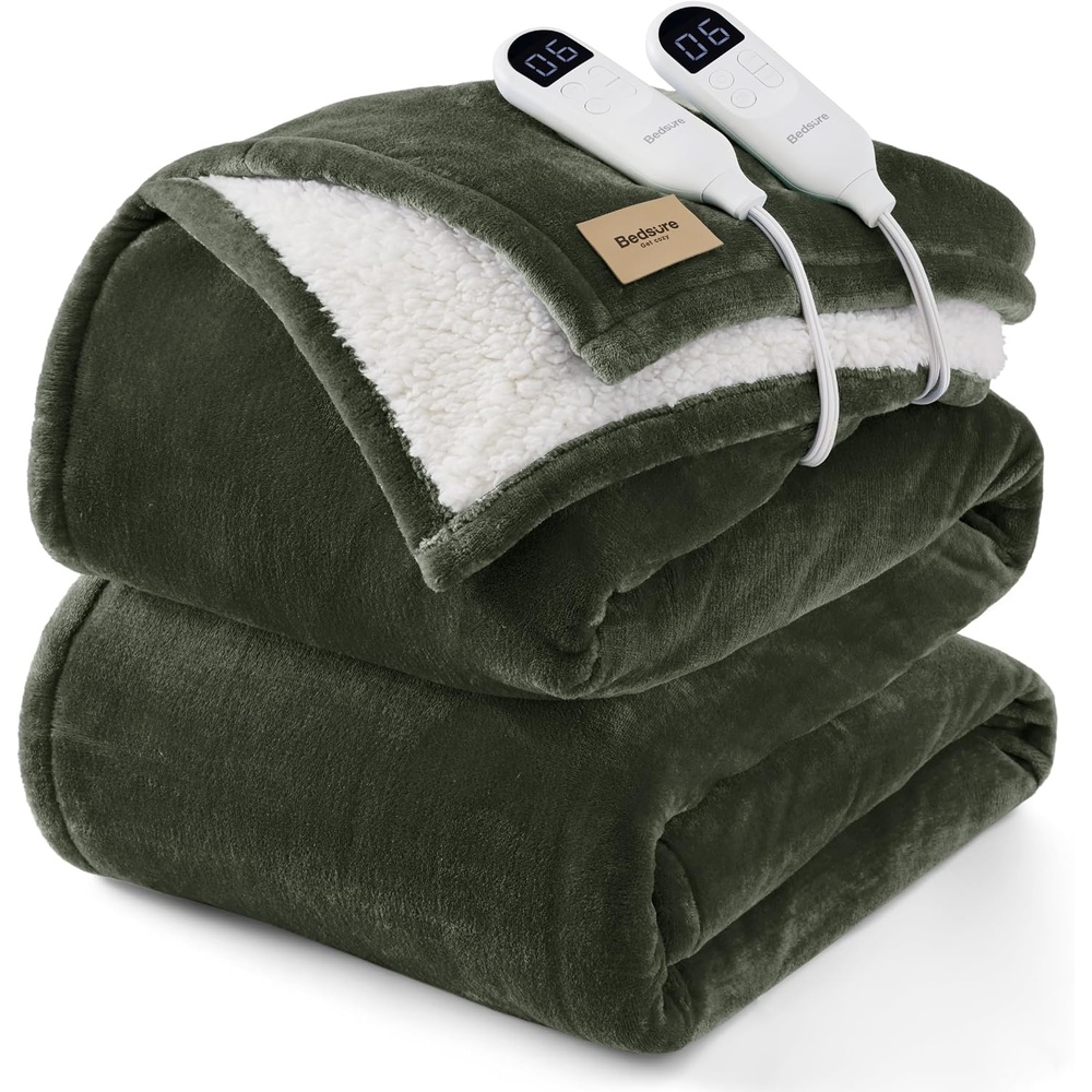 image:imageBedsure HeatX Heated Throw Blanket Electric Blanket with Preheat Grey04 Olive Green