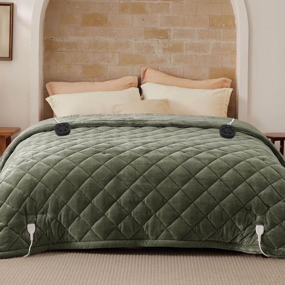 image:imageBedsure Quilted Heated Blanket Queen Size Filled for Extra Warmth Taupe09 Olive Green Diamond