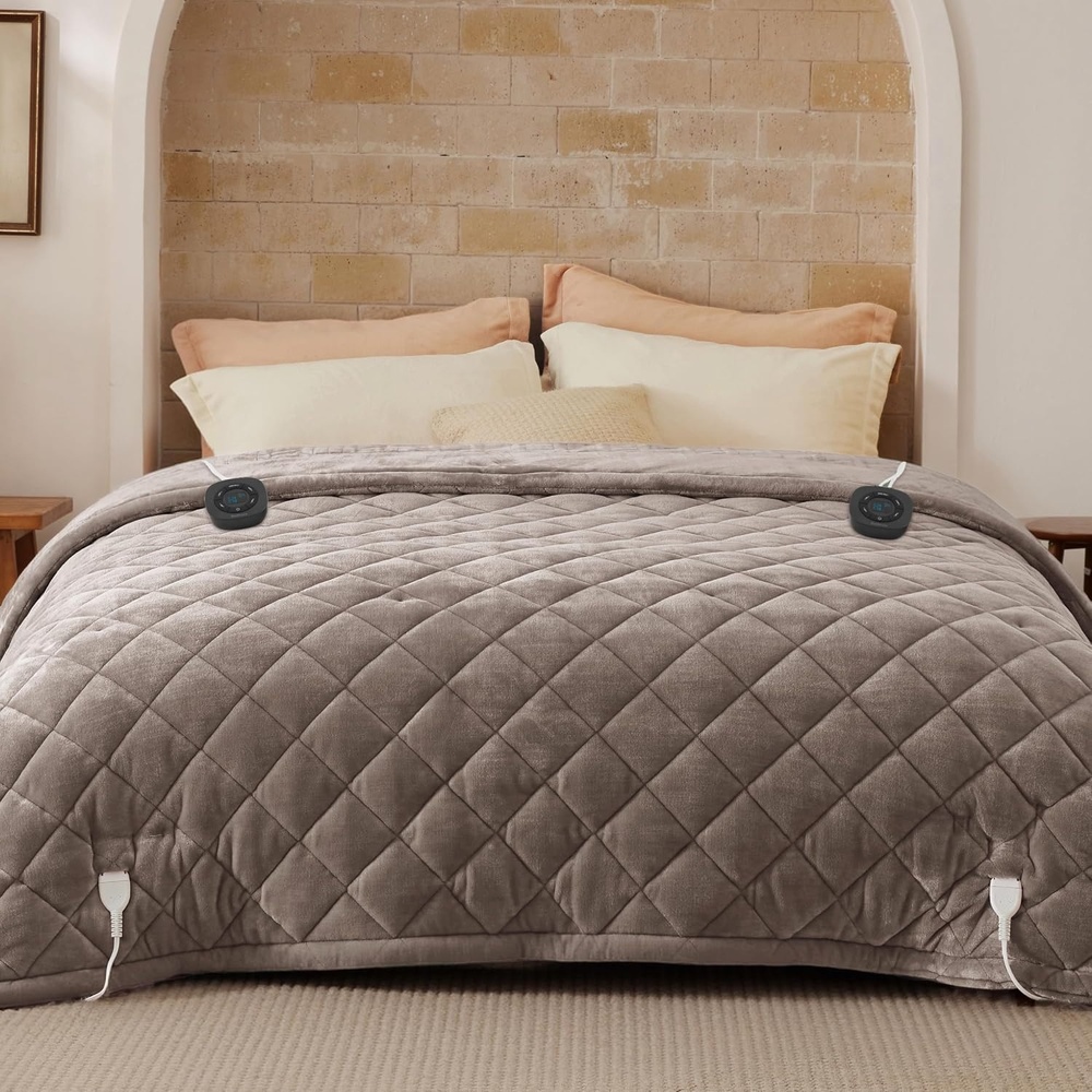 image:imageBedsure Quilted Heated Blanket Queen Size Filled for Extra Warmth Taupe11 Taupe Diamond