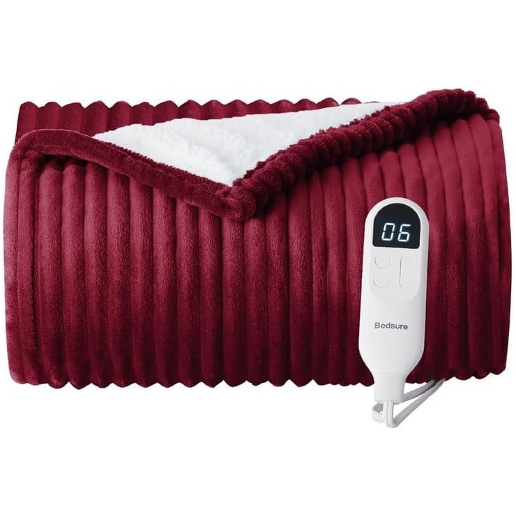 image:imageBedsure Ribbed Electric Blanket Full Navy Heated Blanket Preheat05 Burgundy
