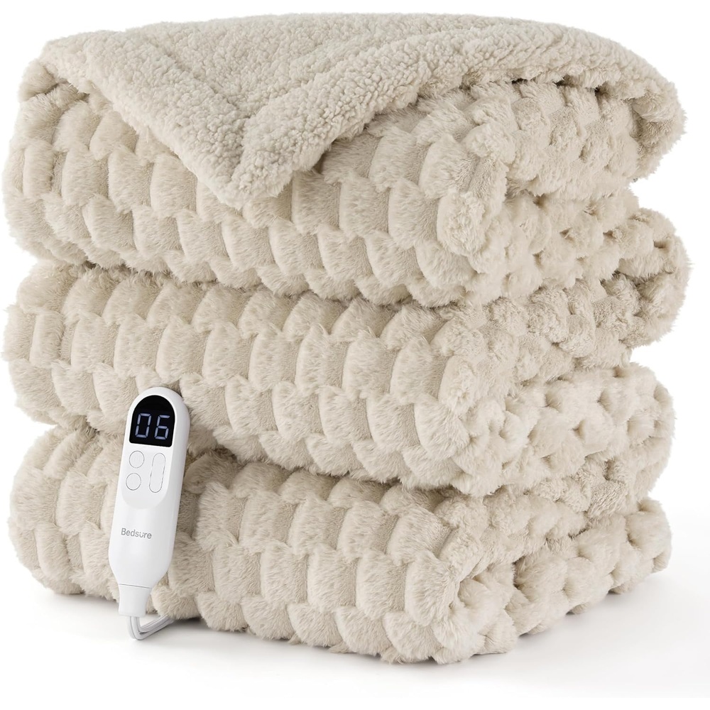 image:imageBedsure Ribbed Electric Blanket Full Navy Heated Blanket Preheat12 Light Brown