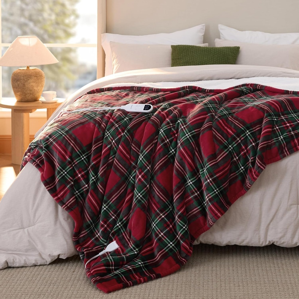 image:imageBedsure Ribbed Electric Blanket Full Navy Heated Blanket Preheat20 Red Plaid