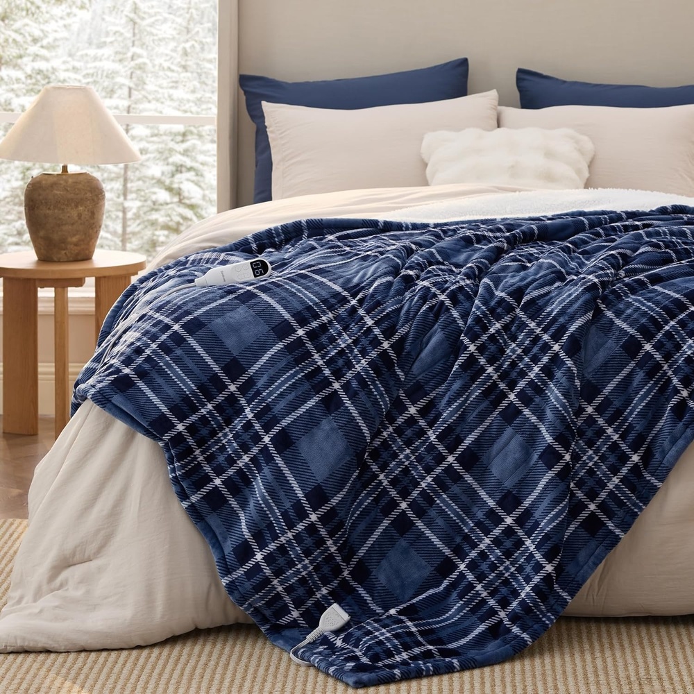image:imageBedsure Ribbed Electric Blanket Full Navy Heated Blanket Preheat22 Blue Plaid