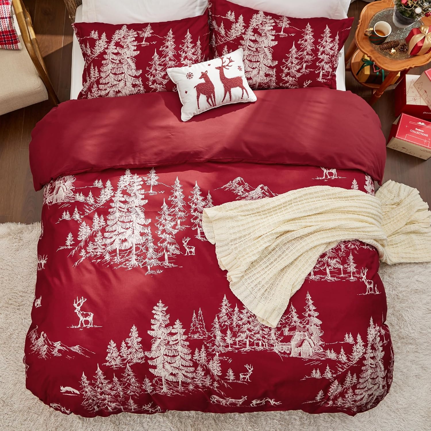 image:imageBedsure Christmas Duvet Cover Queen Size Reversible Bedding Collection with a Festive Wishes Pattern Includes 1 Duvet Cover and 2 Pillow Shams Queen Christmas Wishes08 Red Forest No Comforter