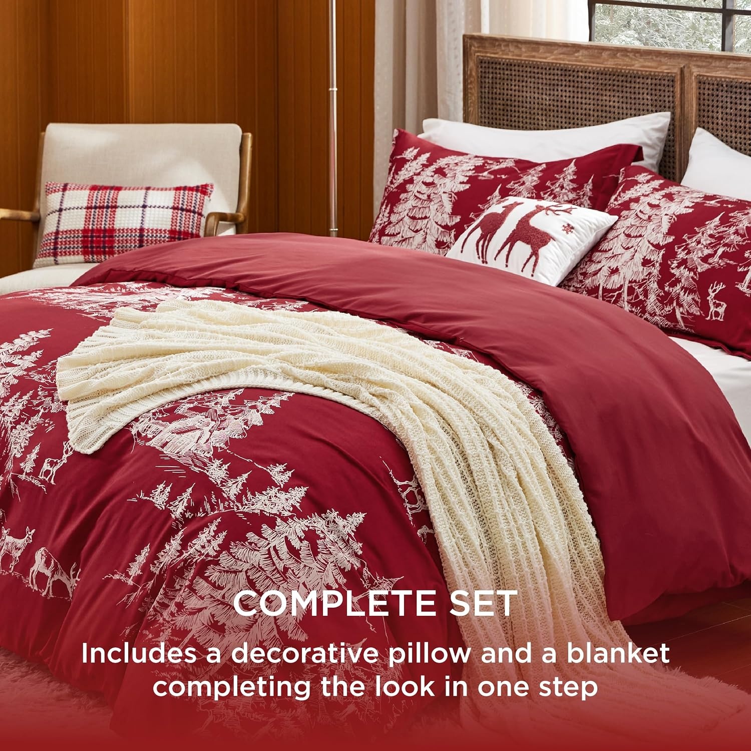 image:imageBedsure Christmas Duvet Cover Queen Size Reversible Bedding Collection with a Festive Wishes Pattern Includes 1 Duvet Cover and 2 Pillow Shams Queen Christmas Wishes08 Red Forest No Comforter