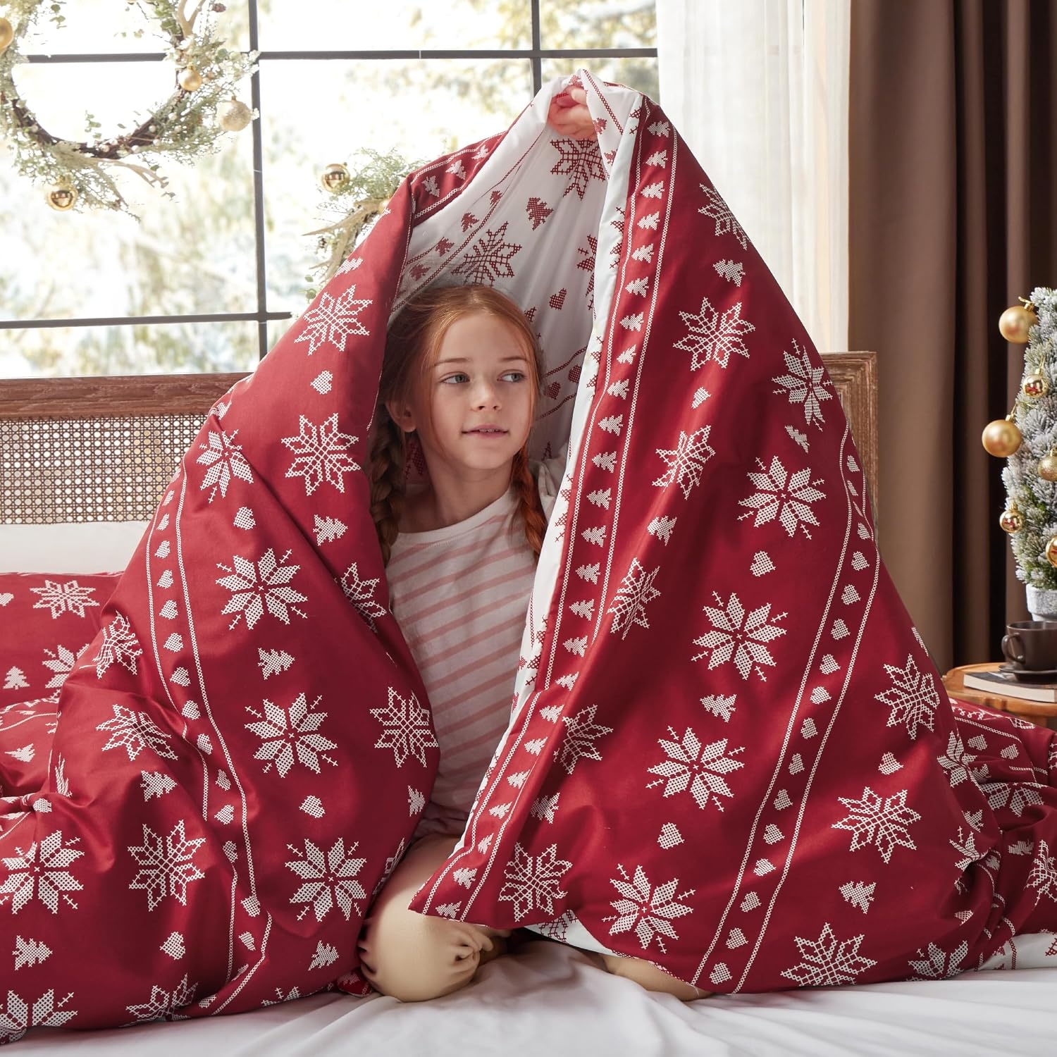 image:imageBedsure Christmas Duvet Cover Queen Size Reversible Bedding Collection with a Festive Wishes Pattern Includes 1 Duvet Cover and 2 Pillow Shams Queen Christmas Wishes04 Snowflake No Comforter